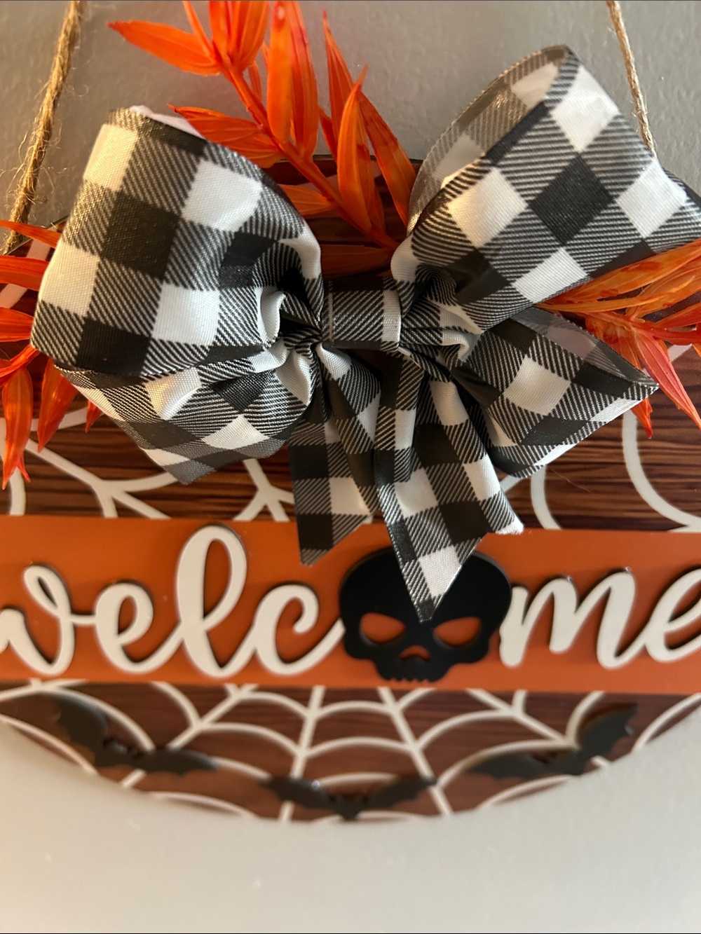 Halloween Orange 'Welcome' Round Wooden Wall Sign with Black Skull Accent - Picture 8 of 10